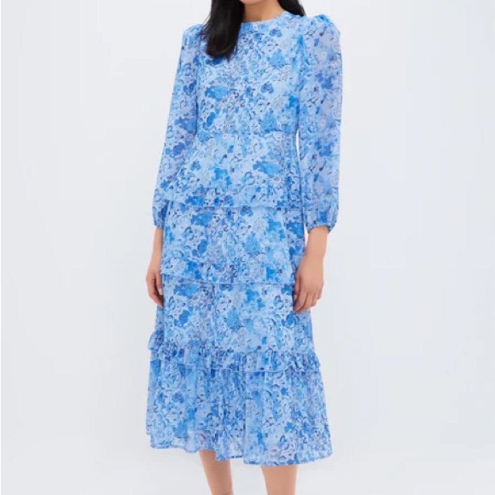 Hyacinth House Tuckernuck Blue Multi Abstract Floral Rosalind Ruffle Midi Dress